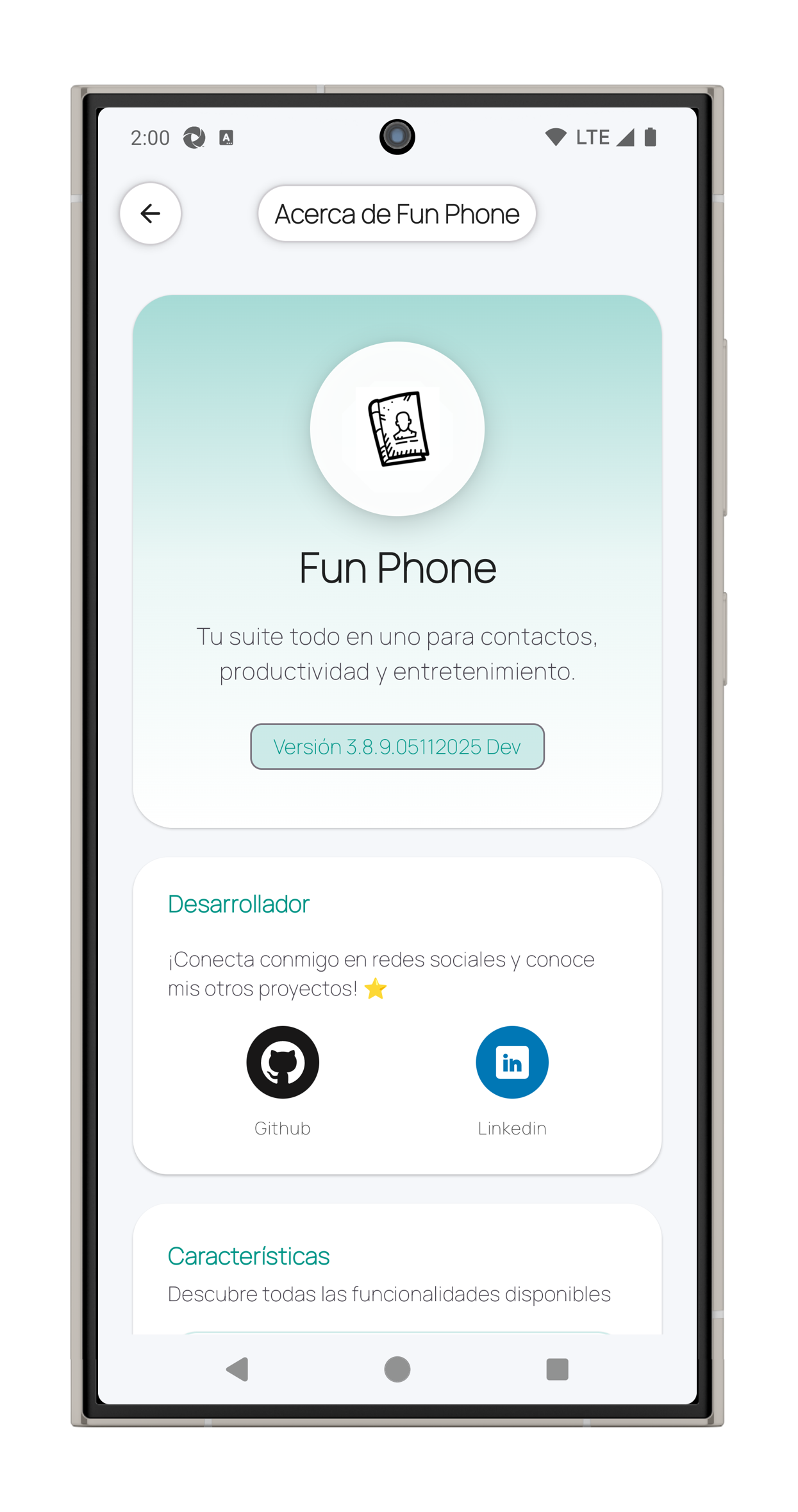Fun Phone – About screen – portrait view