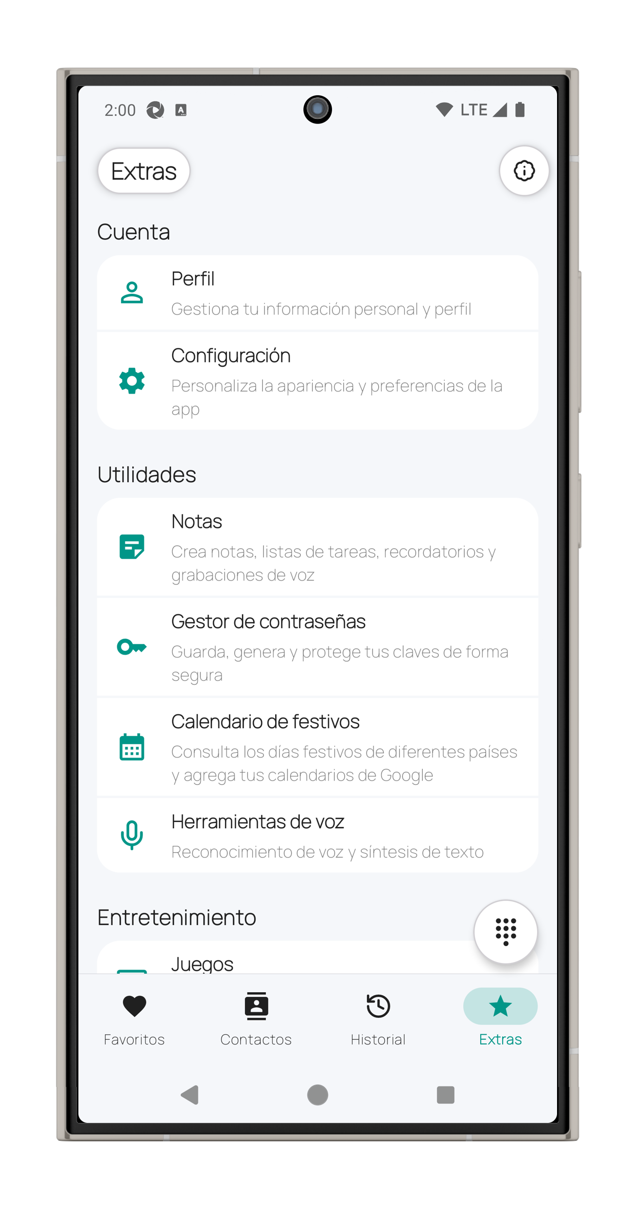 Fun Phone – Extras hub – portrait view