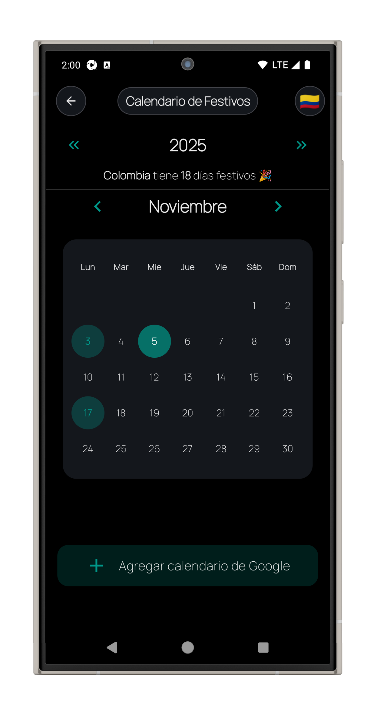 Fun Phone – Holidays calendar – portrait view