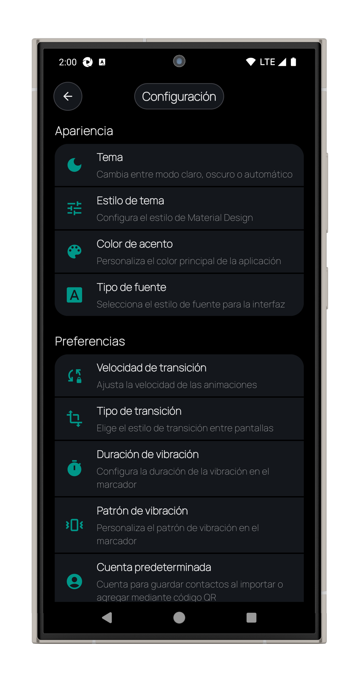 Fun Phone – Settings screen – portrait view